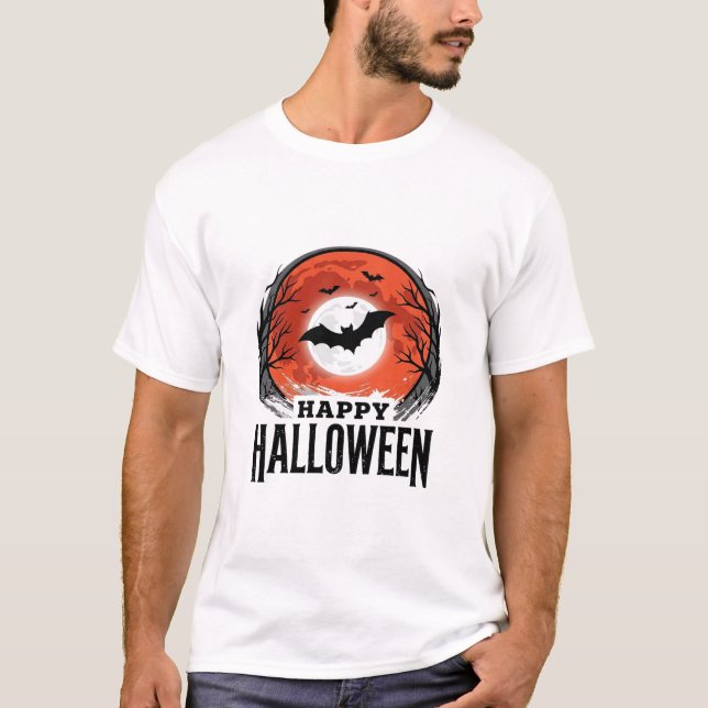 Camiseta Desenho de Morcego de Halloween Antigo sob a Lua_1 (Frente)