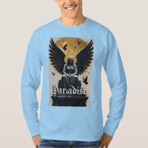 Camiseta Desenho de Paraíso Gótico Escuro com Halo e Asas