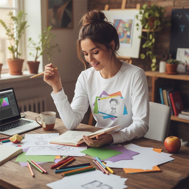 Camiseta Desenho de Rapariga Reproduzível com Lápis Colorid (Criador carregado)