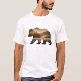 Camiseta Desenho de Silhueta de Urso com Vista do Pôr do So
