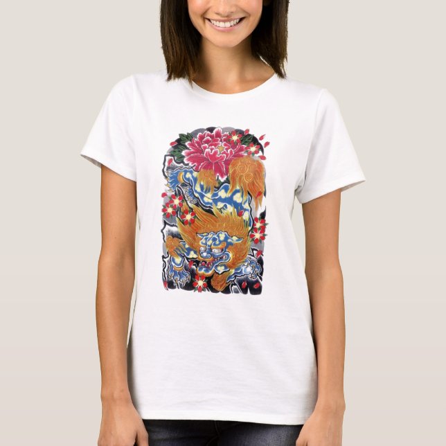 Camiseta Desenho de Tatuagem Japonesa Foo & Sakura (Frente)