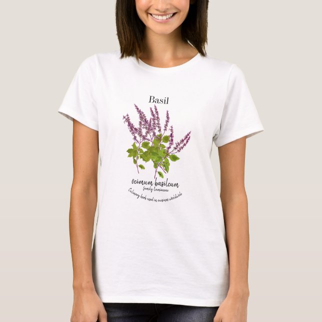 Camiseta Desenho de Texto de Erva de Manjericão Roxo Botâni (Frente)