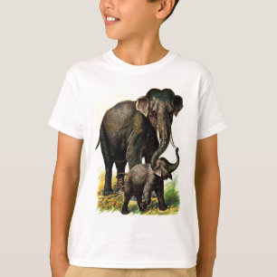 Camiseta Desenho do vintage: Elefante da mãe com vitela