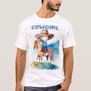 Camiseta Desenho em Aquarela de Garota Cowgirl Fofa Cavalga
