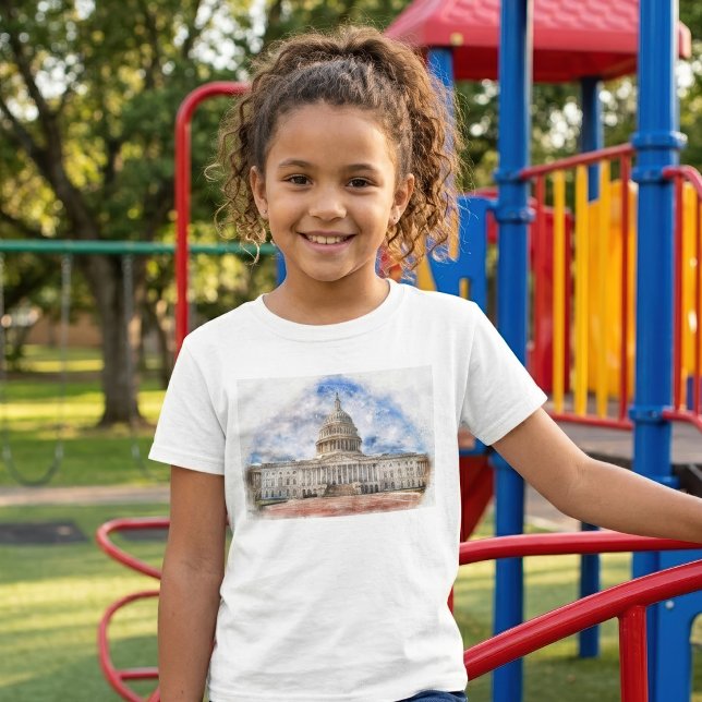 Camiseta Desenho em Pastel do Capitólio dos Estados Unidos  (United States Capitol Pastel Drawing Washington DC. Girl Basic White T-Shirt)