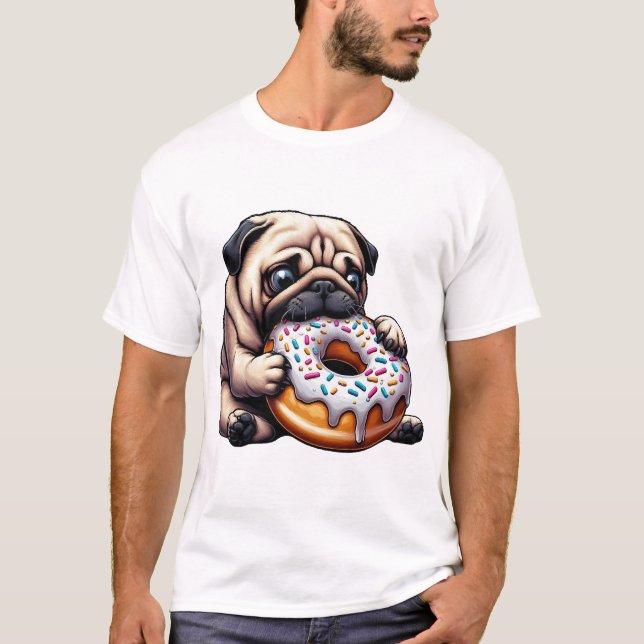Camiseta Desenho engraçado de pug fofo comendo donut (Frente)