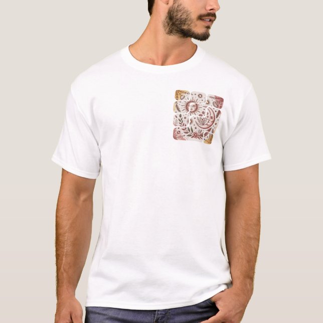 Camiseta Desenho Floral Celestial Sol Lua Boho (Frente)