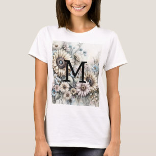 Camiseta Desenho floral de girassóis amarelos e rosa com mo