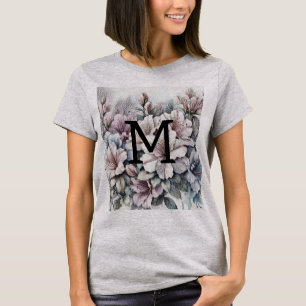 Camiseta Desenho floral monograma flores rosa azul azáleas 