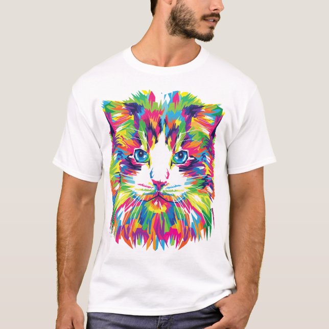 Camiseta Desenho Geométrico Prismático de Rosto de Gato-324 (Frente)