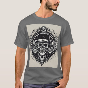 Camiseta Desenho Intricado de Caveira com Asas e Símbolos