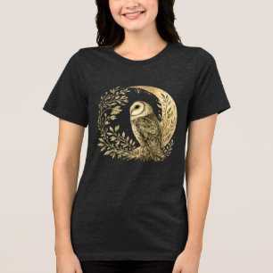 Camiseta Desenho Místico de Coruja de Celeiro em Lua Cresce