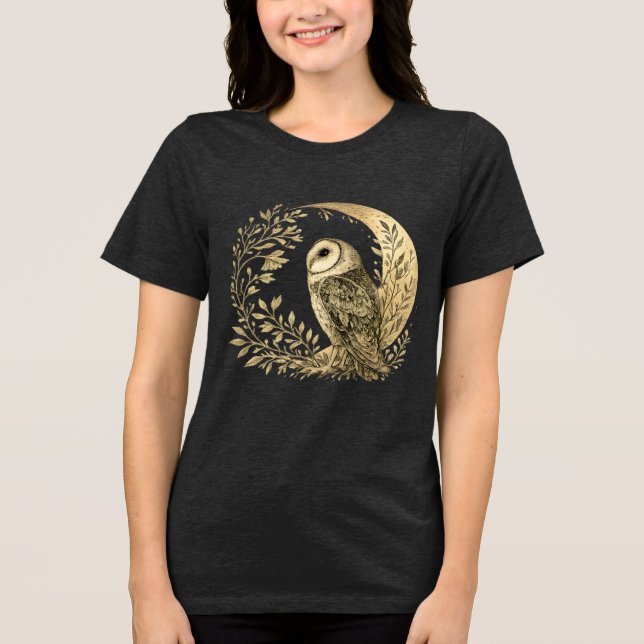 Camiseta Desenho Místico de Coruja de Celeiro em Lua Cresce (Frente)
