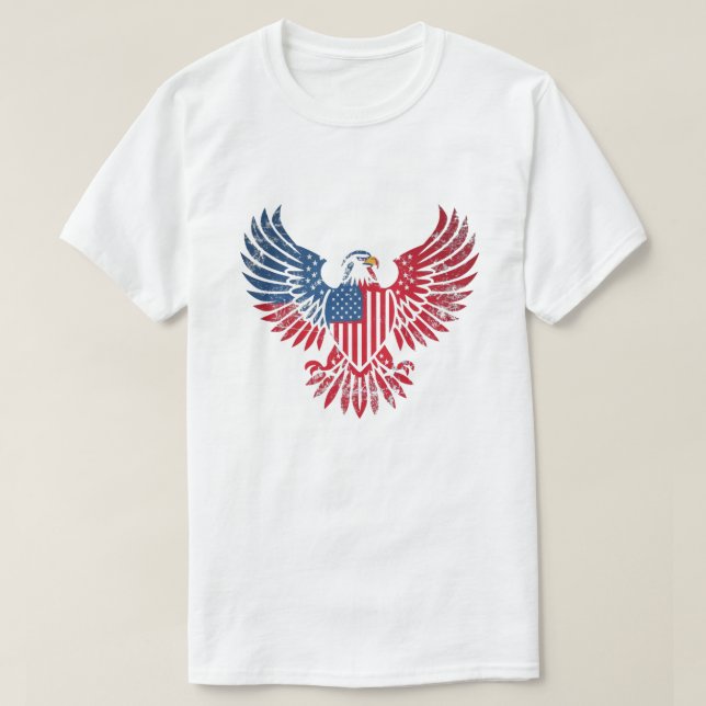 Camiseta Desenho patriótico com Águia Americana e Bandeira  (Frente do Design)