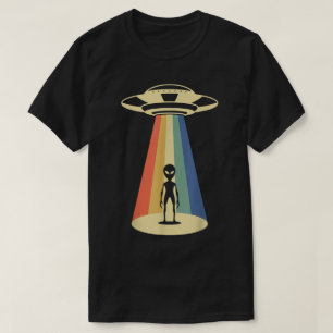 Camiseta Desenho Retro de Alien com Feixe de Chuva de Cores