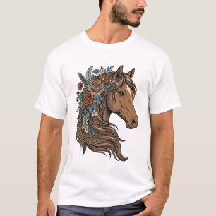 Camiseta Desenho Vetorial de Cabeça de Cavalo Floral Vintag