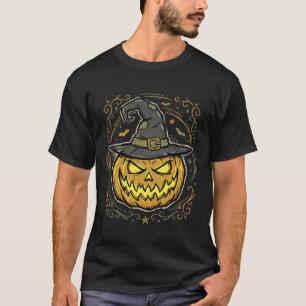 Camiseta Desenho Vetorial de Chapéu de Bruxa de Abóbora de