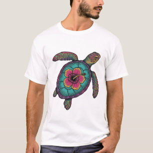 Camiseta Desenho Vetorial de Tartaruga Marinha Floral Grava