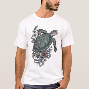 Camiseta Desenho Vetorial Floral de Tartaruga Marinha com G