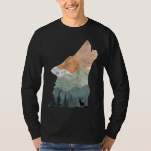 Camiseta desenho vintage da natureza com silhueta de lobo