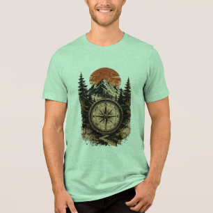 Camiseta Desenho Vintage de Bússola de Montanha ao Pôr do S