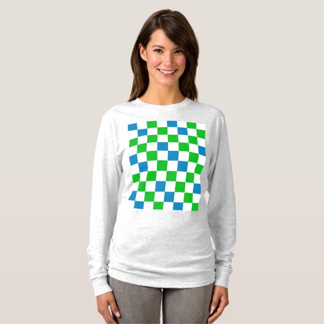 Camiseta Desenho Xadrez Azul Branco Verde (Frente Completa)