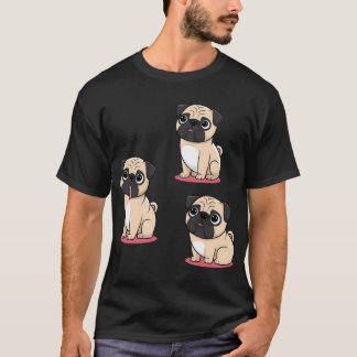 Camiseta Desenhos animados adoráveis de três pug fofos sent
