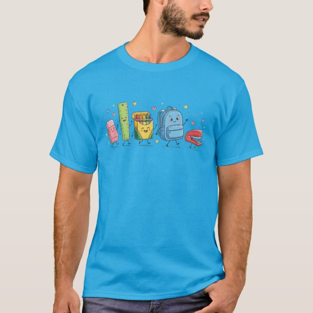 Camiseta Desfile de Material Escolar Fofo de Volta às Aulas (Frente)