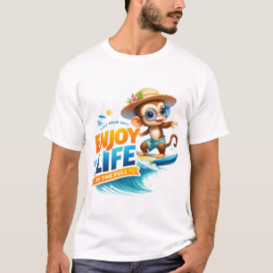 Camiseta Desfrute da Vida   Ilustração de Macaco Surfista F