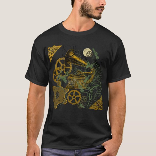Camiseta Design afligido de Steampunk do olhar (Frente)