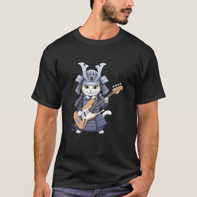 Camiseta Design Artístico de Gato Japonês Tocando Guitarra  (Frente)