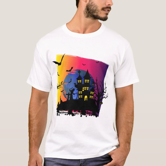 Camiseta Design assustadora do Halloween com a bruxa assomb (Frente)