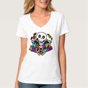 Camiseta Design Caprichoso de Esqueleto e Morcegos de Hallo