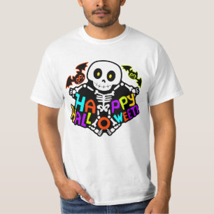 Camiseta Design Caprichoso de Esqueleto e Morcegos de Hallo
