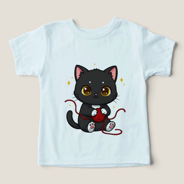 Camiseta Design Chibi de Gato Preto Divertido (Design frontal)
