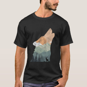 Camiseta design da natureza de vintage com silhueta de lobo