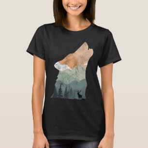 Camiseta design da natureza de vintage com silhueta de lobo