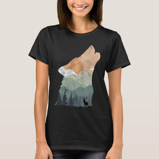 Camiseta design da natureza de vintage com silhueta de lobo (Frente)