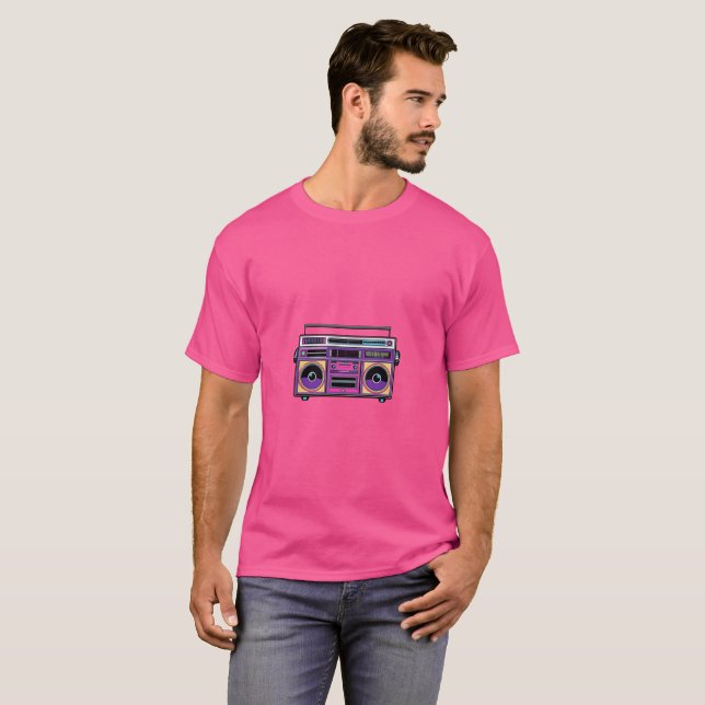 Camiseta Design da Neon Boombox Retro 80s | Pop Art Music L (Frente Completa)