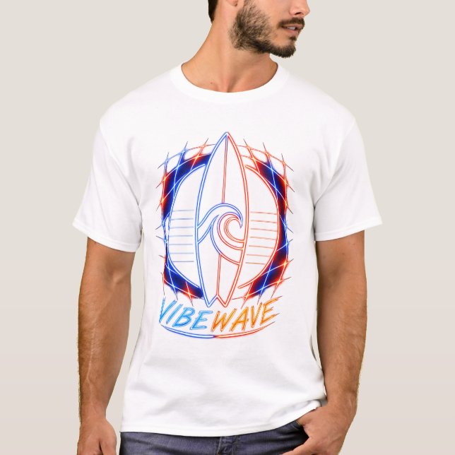 Camiseta Design da Prancha de Surf Vibewave Neon – Retro On (Frente)