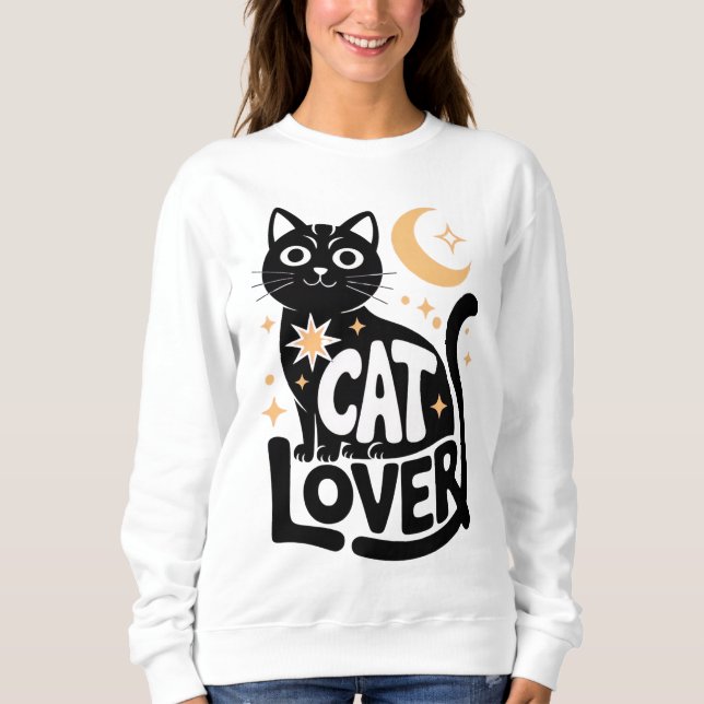 Camiseta Design de Amante de Gato Preto com Magia Celestial (Frente)