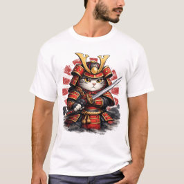 Camiseta Design de Anime de Gato Samurai Guerreiro Japonês