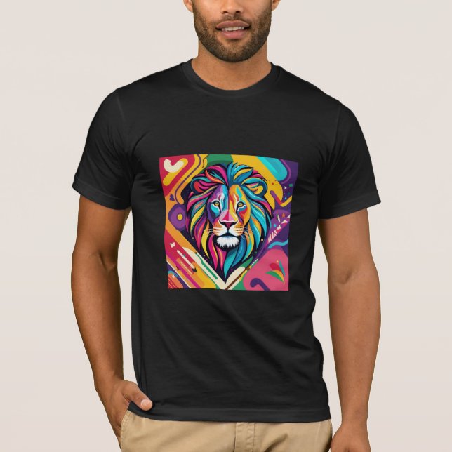 Camiseta Design de arte abstrato Leão que é vibrante. (Frente)
