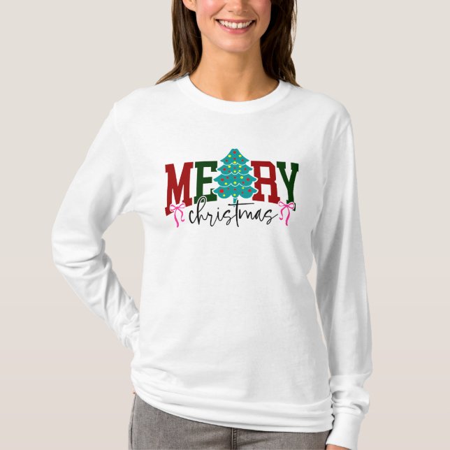 Camiseta Design de árvore de Natal alegre com laços de Nata (Frente)