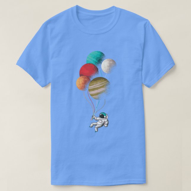 Camiseta Design de Astronauta Bonito com Balões de Planeta (Frente do Design)
