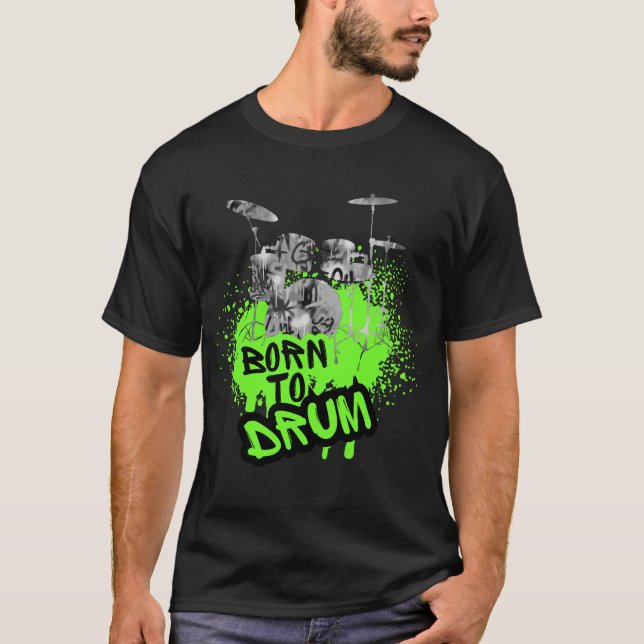 Camiseta Design de Bateria - Nascido para Tocar (Frente)