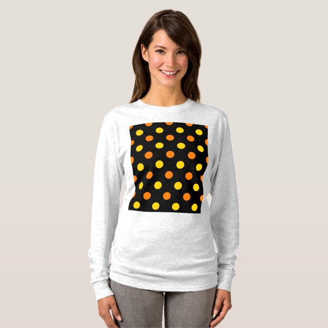 Camiseta Design de Bolinhas Amarelas Laranja em Fundo Preto (Frente Completa)