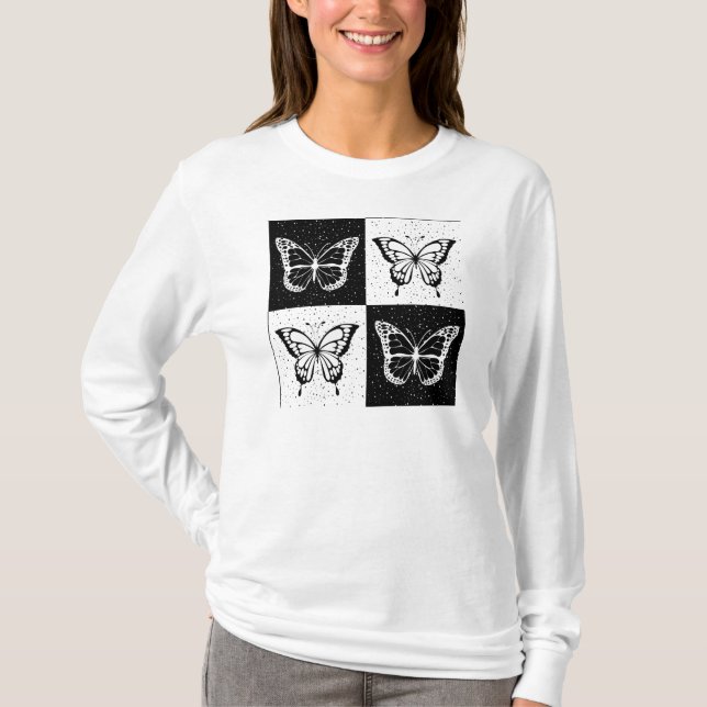 Camiseta Design de borboleta branca-preta com controlo (Frente)