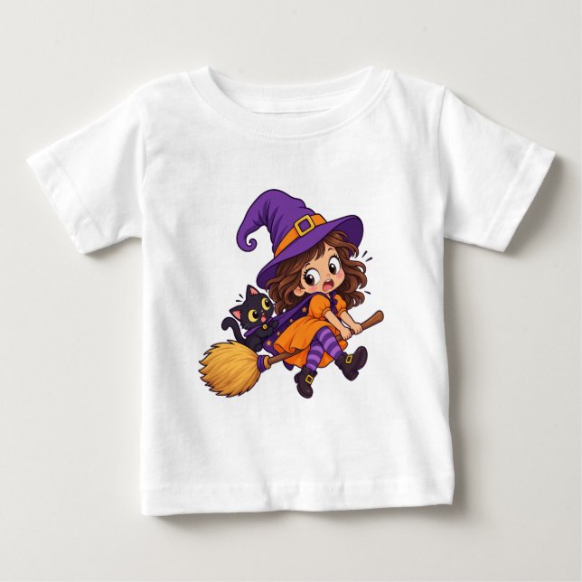 Camiseta Design de Bruxa Voadora Fofa de Halloween para Jer (Frente)
