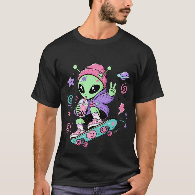 Camiseta Design de Bubble Tea com Alien Kawaii Skatista (Frente)